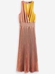 Pink/Yellow Satin Wrap Front Pleated Midi Dress - Image 4 of 4
