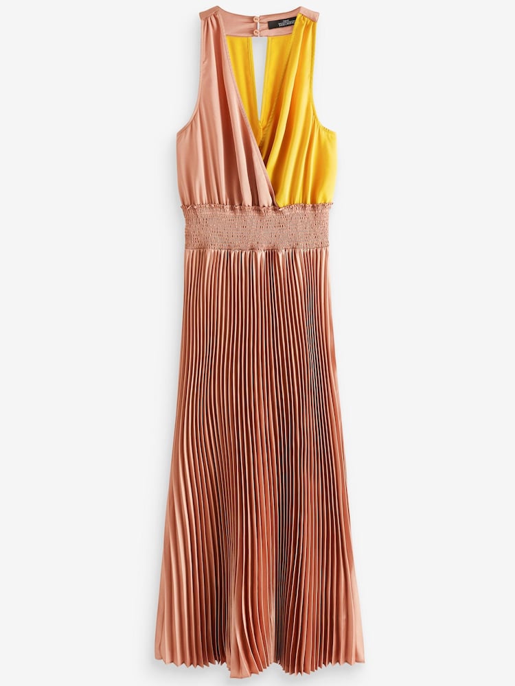 Pink/Yellow Satin Wrap Front Pleated Midi Dress - Image 4 of 4