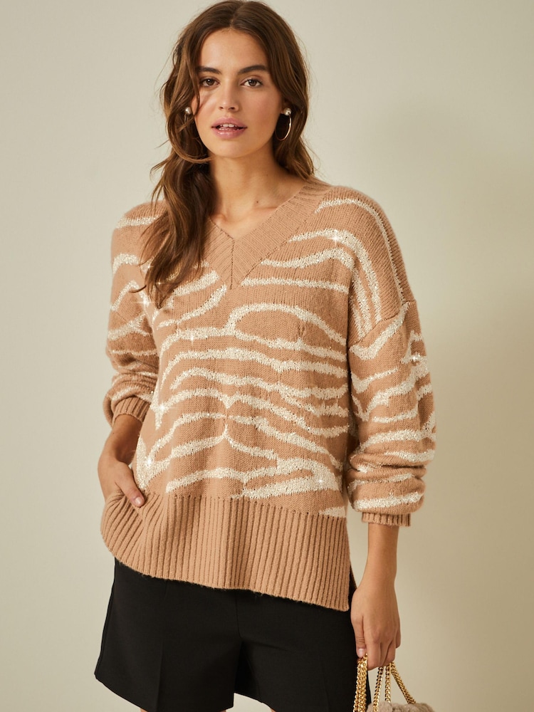Kamelowy brąz - Sequin Detail Zebra Animal Pattern Jumper - Image 1 of 6