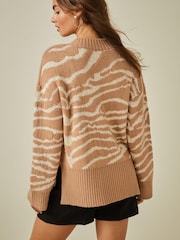 Kamelowy brąz - Sequin Detail Zebra Animal Pattern Jumper - Image 3 of 6