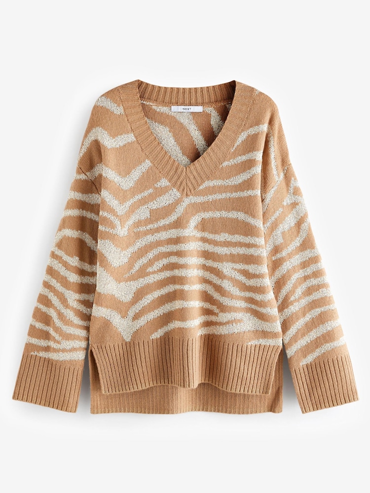 Kamelowy brąz - Sequin Detail Zebra Animal Pattern Jumper - Image 5 of 6