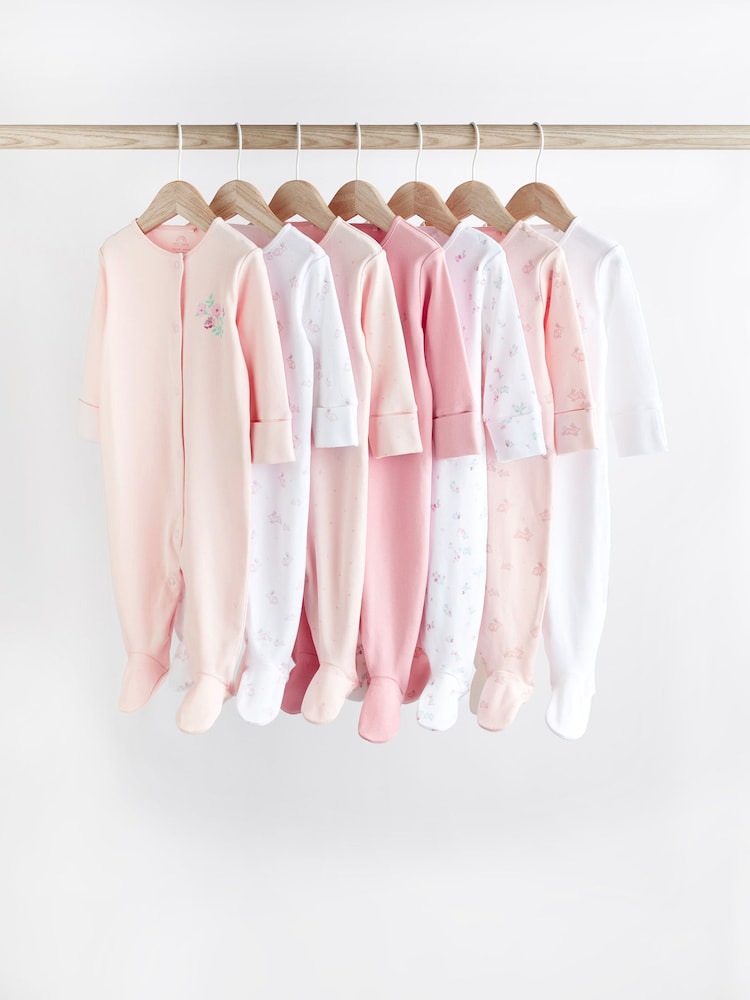 Pale Pink Floral 7 Pack Baby Sleepsuits (0-2yrs) - Image 1 of 20