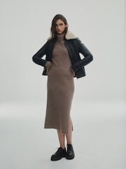 Mole Brown Premium 100% Wool Roll Neck Midi Dress - Image 1 of 5