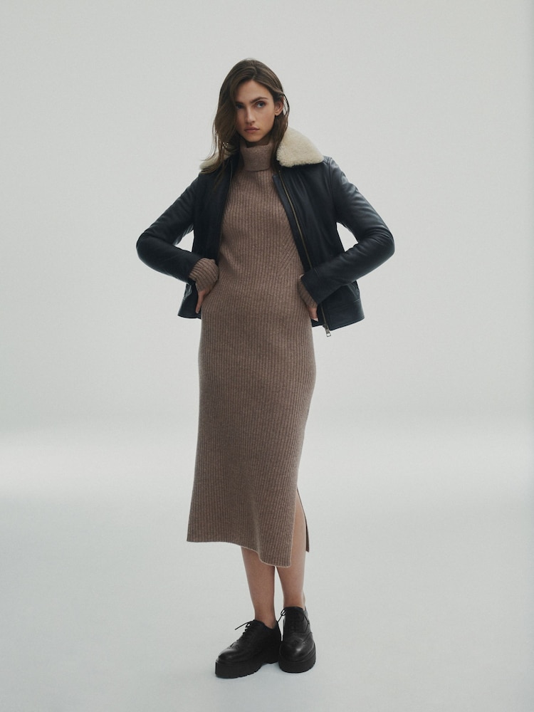 Mole Brown Premium 100% Wool Roll Neck Midi Dress - Image 1 of 5