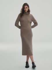 Mole Brown Premium 100% Wool Roll Neck Midi Dress - Image 2 of 5