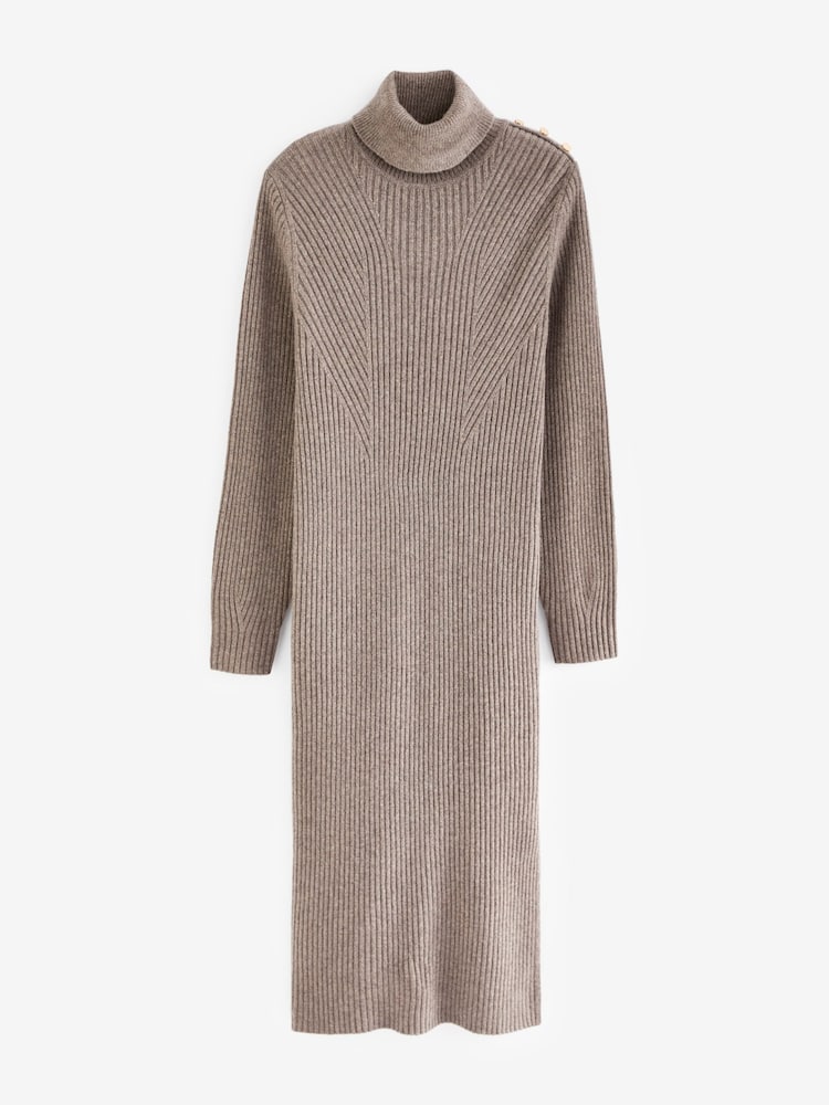 Mole Brown Premium 100% Wool Roll Neck Midi Dress - Image 5 of 5
