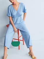 Blue Kimono Short Sleeve V-Neck Jumpsuit - Image 1 of 2