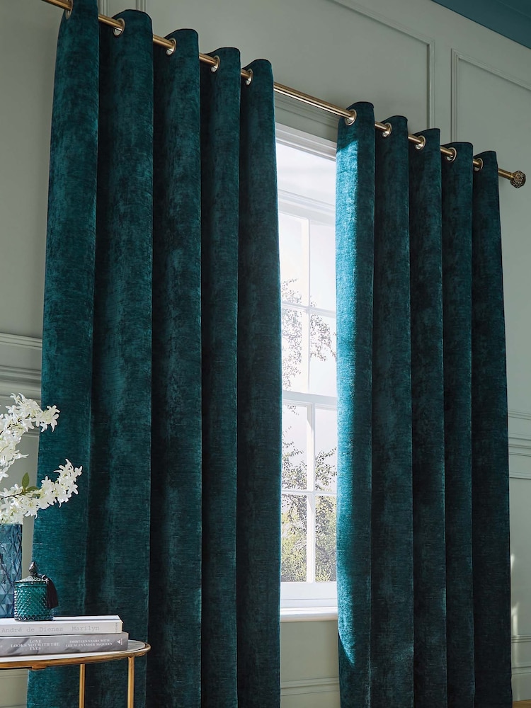 Hyperion Teal Blue Selene Luxury Chenille Weighted Thermal Lined Eyelet Curtains - Image 2 of 4