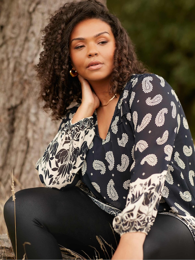 Live Unlimited Curve and Stone Paisley Print Ruched Front Black Blouse - Image 2 of 6