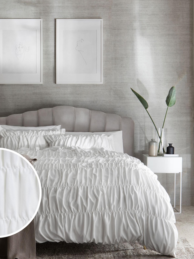 White Soft Touch Brushed Ruched Duvet Cover & Pillowcase Set - Image 1 of 4