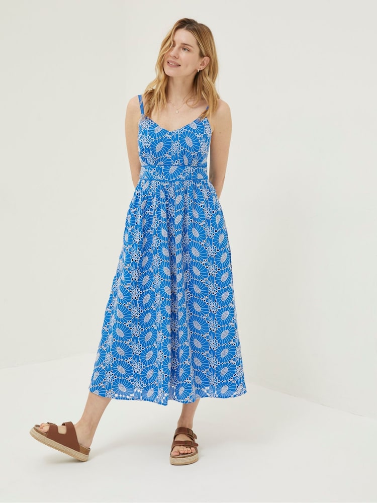 FatFace Blue Jayden Broderie Midi Dress - Image 1 of 6