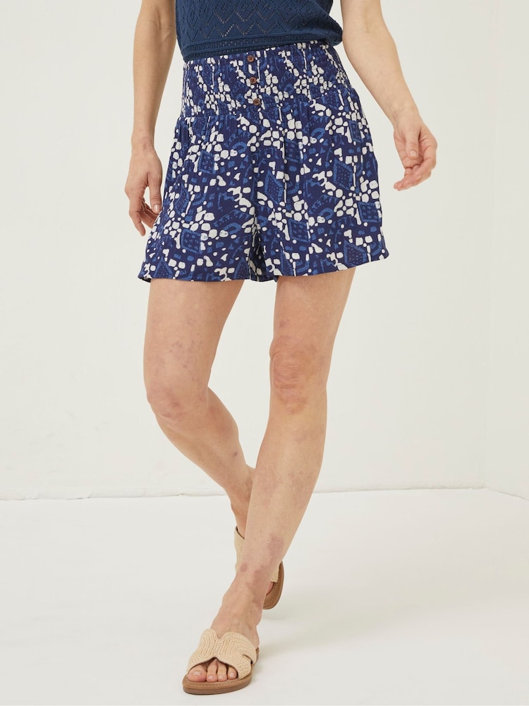 FatFace Blue Geo Batik Shirred Shorts - Image 1 of 5