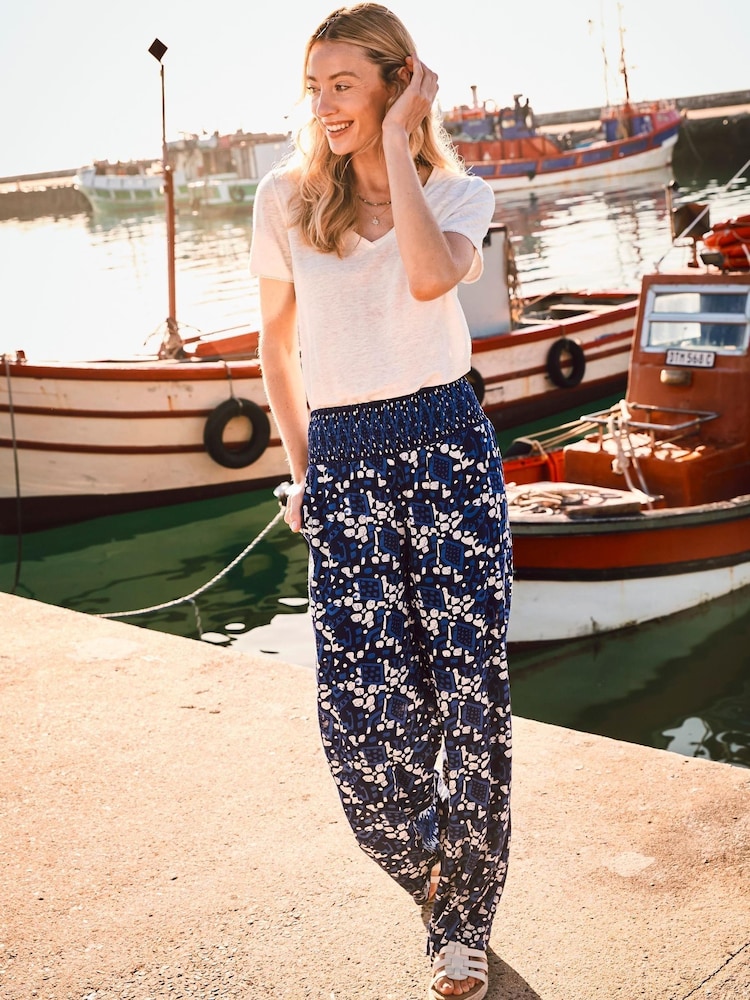 FatFace Blue Geo Batik Shirred Palazzo Trousers - Image 2 of 7