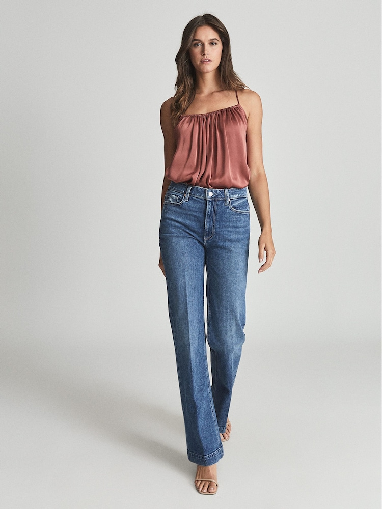 Reiss Mid Blue Leenah Paige High Rise Flared Jeans - Image 1 of 6 Reiss Mid Blue Leenah Paige High Rise Flared Jeans - Image 1 of 6
