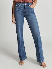 Reiss Mid Blue Leenah Paige High Rise Flared Jeans - Image 3 of 6