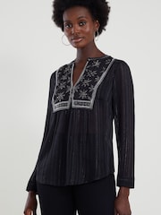 Monsoon Haley Black Embroidered Bib Blouse - Image 1 of 3