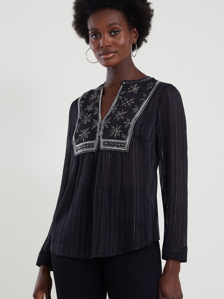 Monsoon Haley Black Embroidered Bib Blouse - Image 1 of 3