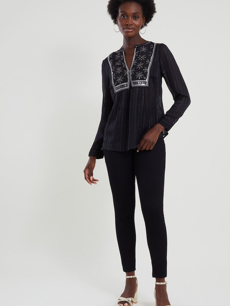 Monsoon Haley Black Embroidered Bib Blouse - Image 2 of 3