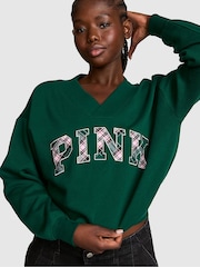 Victoria's Secret Pink Dark Garden Green Tartan V-Neck Sweatshirt - Image 1 of 2