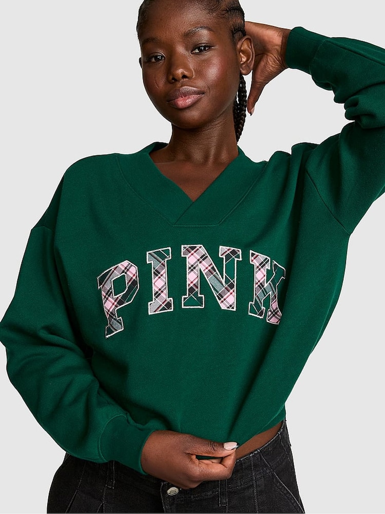 Victoria's Secret Pink Dark Garden Green Tartan V-Neck Sweatshirt - Image 1 of 2