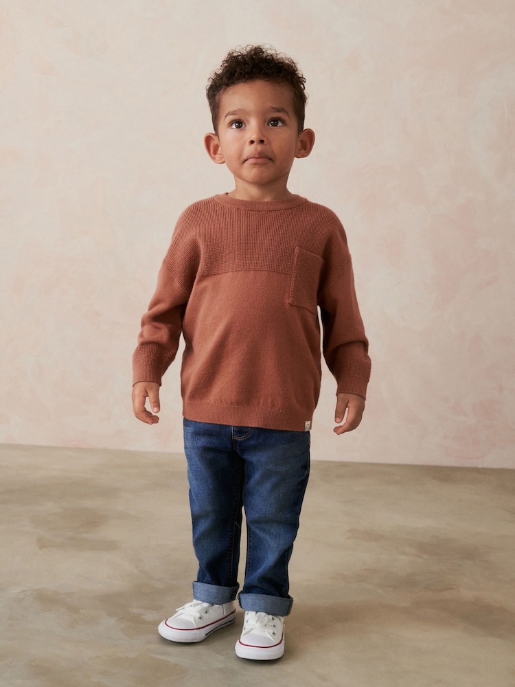 Mocha Brown Waffle Stitch Crew Jumper (3mths-7yrs) - Image 1 of 7 Mocha Brown Waffle Stitch Crew Jumper (3mths-7yrs) - Image 1 of 7