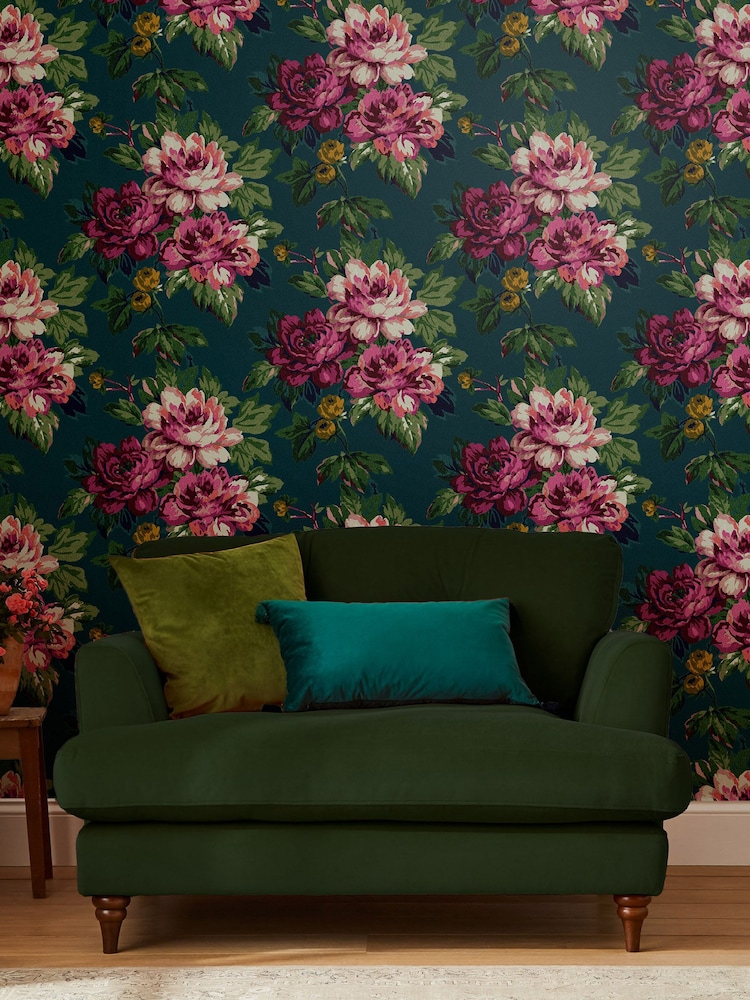 Joules Peacock Blue Invite Floral Wallpaper - Image 1 of 3