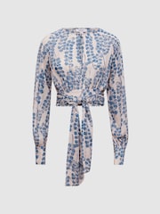 Reiss Pink/Blue Sadie Cropped Printed Belted Blouse - Image 2 of 4