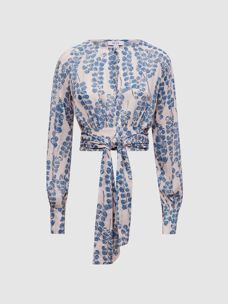 Reiss Pink/Blue Sadie Cropped Printed Belted Blouse - Image 2 of 4