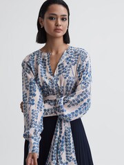 Reiss Pink/Blue Sadie Cropped Printed Belted Blouse - Image 3 of 4