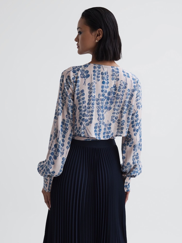Reiss Pink/Blue Sadie Cropped Printed Belted Blouse - Image 4 of 4