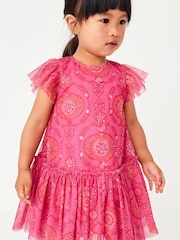 Pink/Red Sequin Embellished Mesh Party Dress (3mths-7yrs) - Image 1 of 6