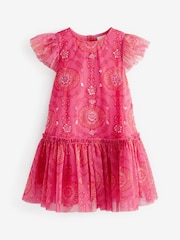 Pink/Red Sequin Embellished Mesh Party Dress (3mths-7yrs) - Image 5 of 6