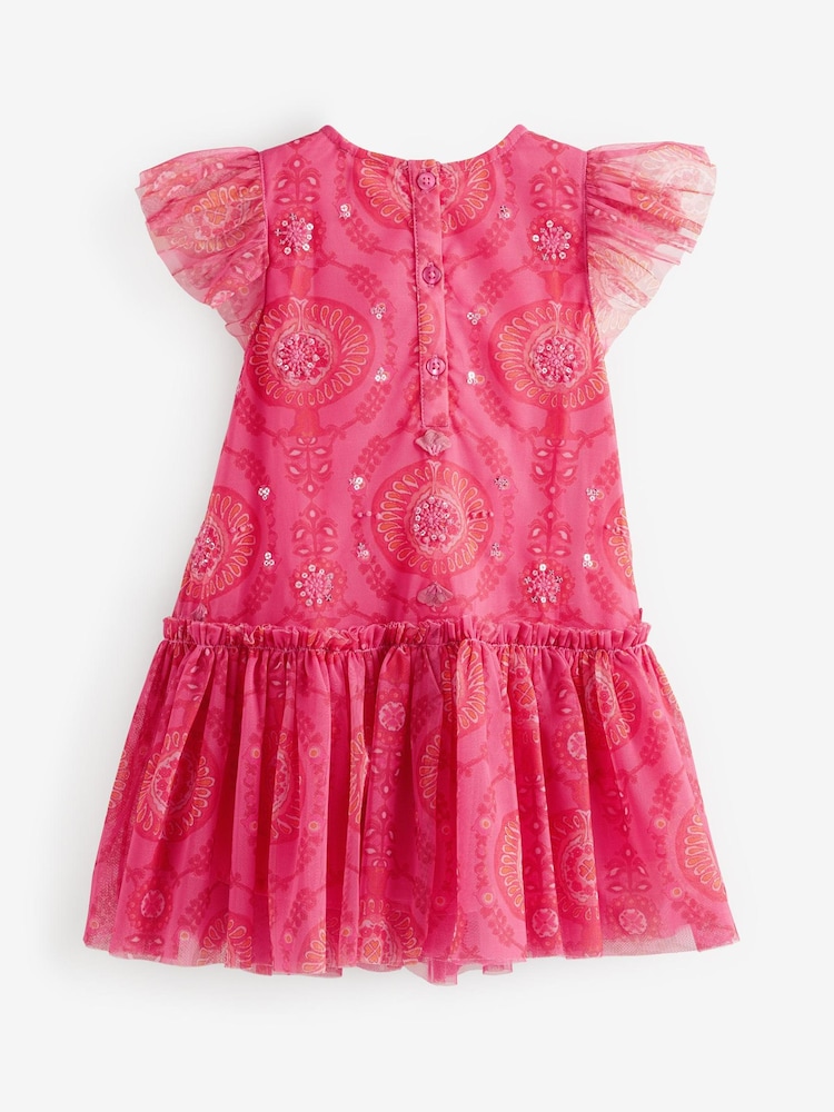 Pink/Red Sequin Embellished Mesh Party Dress (3mths-7yrs) - Image 6 of 6