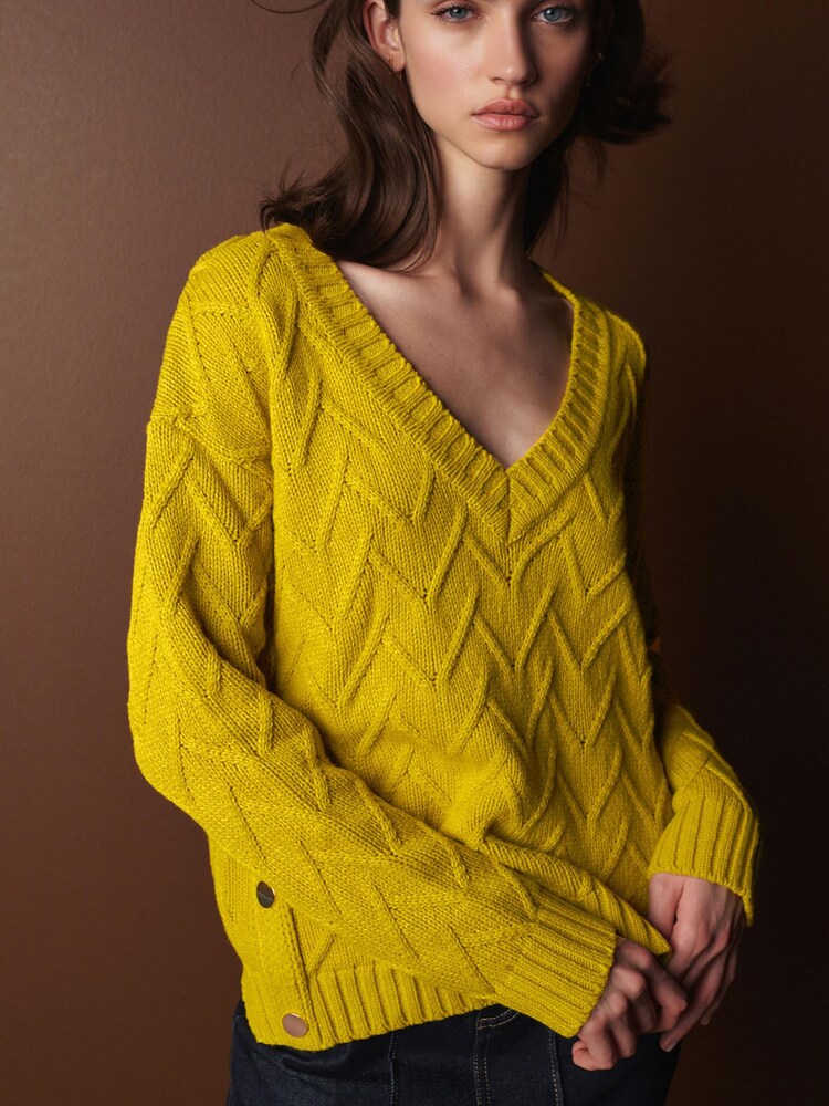 Citrine Yellow Premium Wool Cotton Blend V-Neck Stitch Detail Jumper - Image 1 of 7
