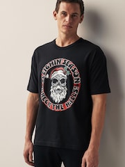 Santa Skull Black Print Christmas T-Shirt - Image 1 of 6