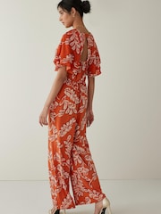 Orange Leaf Print Flute Sleeve V-Neck Jumpsuit - Image 2 of 5