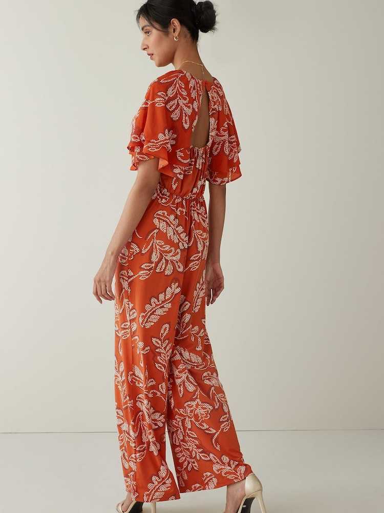 Orange Leaf Print Flute Sleeve V-Neck Jumpsuit - Image 2 of 5