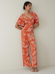 Orange Leaf Print Flute Sleeve V-Neck Jumpsuit - Image 3 of 5