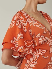 Orange Leaf Print Flute Sleeve V-Neck Jumpsuit - Image 4 of 5
