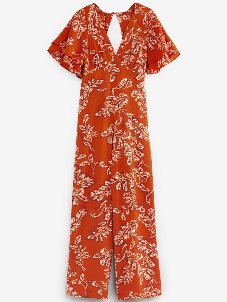 Orange Leaf Print Flute Sleeve V-Neck Jumpsuit - Image 5 of 5