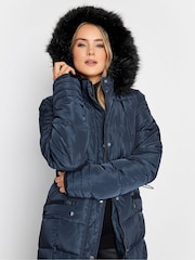 Long Tall Sally Blue Faux Fur Trim Padded Coat - Image 4 of 4
