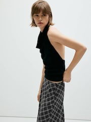 Mango Black Asymmetric Tartan Lace Trim Midi Skirt - Image 4 of 7