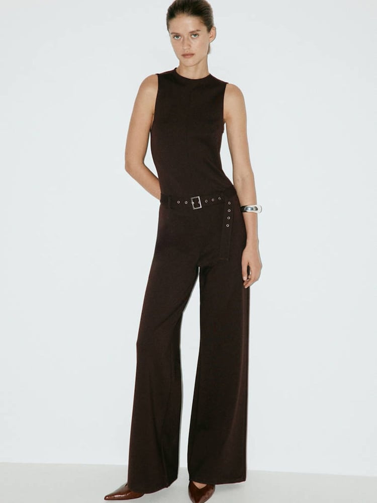 Mango Brown Sleeveless Jumpsuit With Belt Detail - Image 1 of 7
