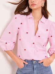 Lipsy Pink And Red Heart Puff Sleeve Embroidered Striped Shirt - Image 1 of 4