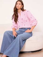 Lipsy Pink And Red Heart Puff Sleeve Embroidered Striped Shirt - Image 2 of 4