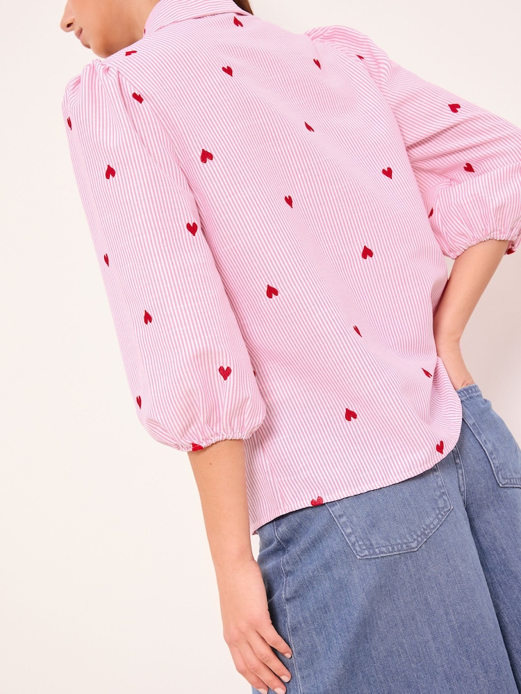 Lipsy Pink And Red Heart Puff Sleeve Embroidered Striped Shirt - Image 4 of 4 Lipsy Pink And Red Heart Puff Sleeve Embroidered Striped Shirt - Image 4 of 4