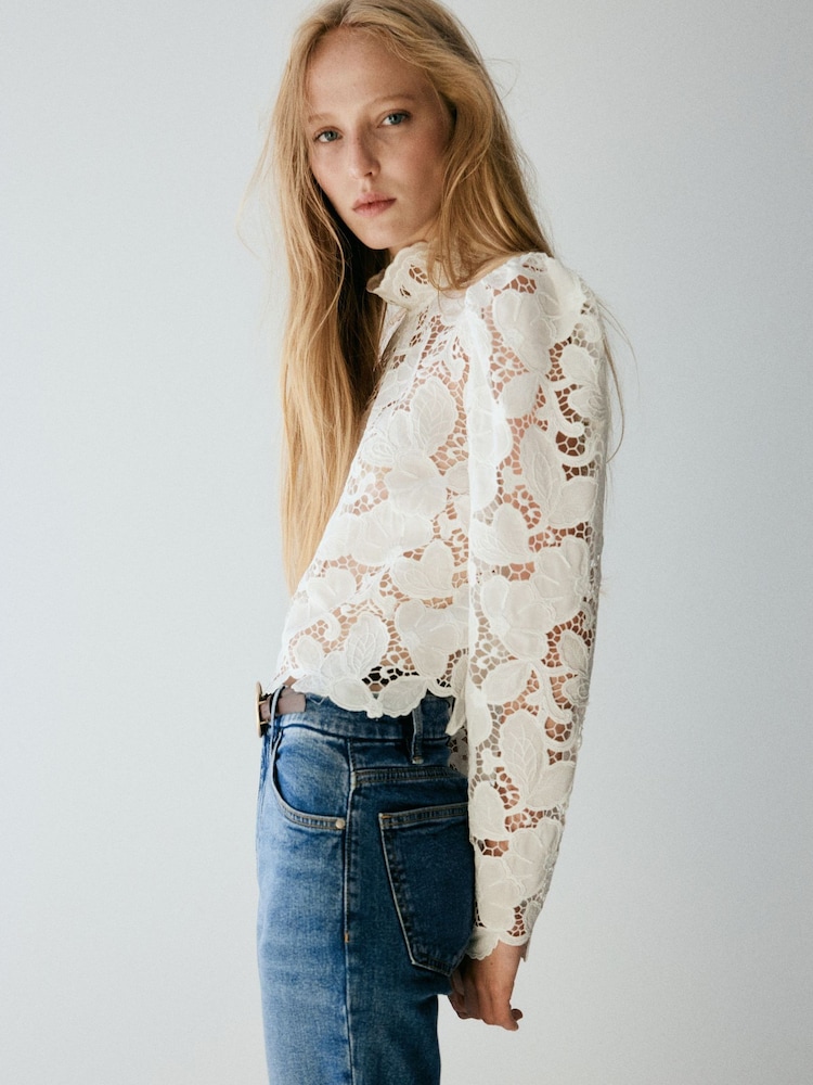 Mango White High Neck Embroidered Long Sleeve Blouse - Image 1 of 6