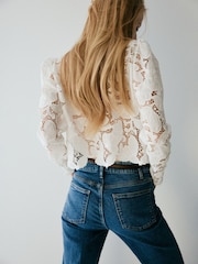 Mango White High Neck Embroidered Long Sleeve Blouse - Image 3 of 6