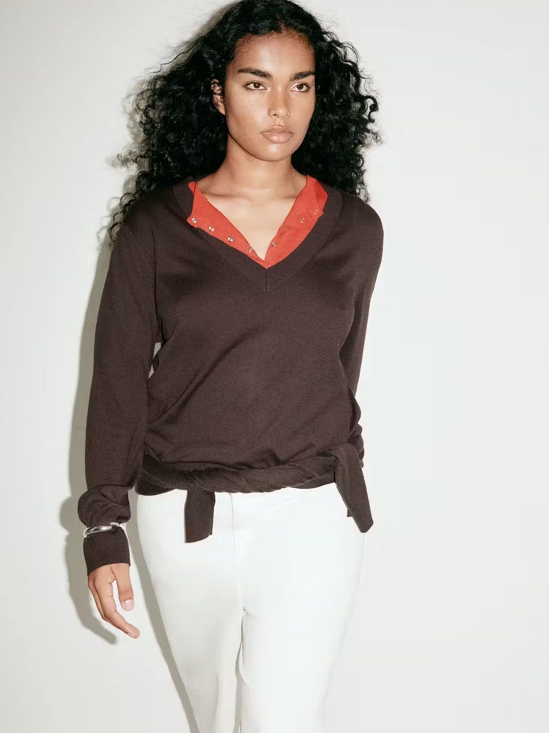 Mango Women's Brown Fine Knit V Neck Sweater - Image 1