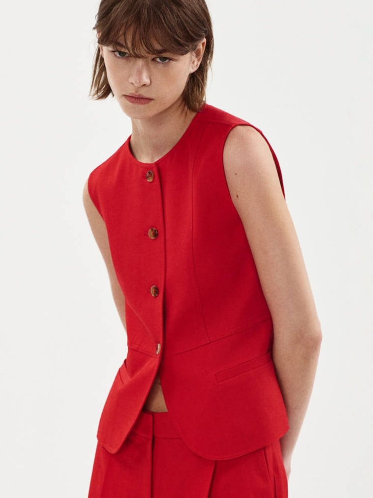 Mango Red Round Neck Denim Waistcoat - Image 1 of 7